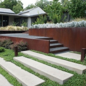 corten terraced retaining wall, and steps