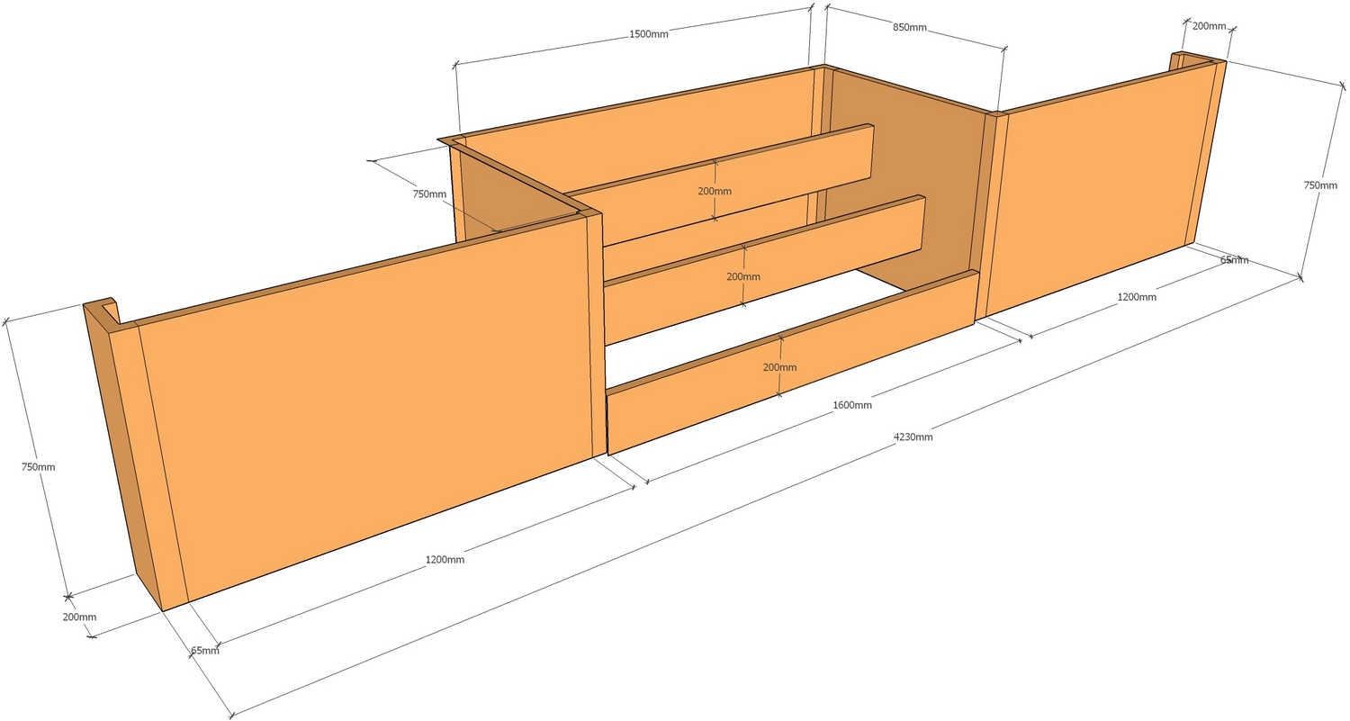 corten retaining wall layout with steps 4.23m wide x 740mm tall